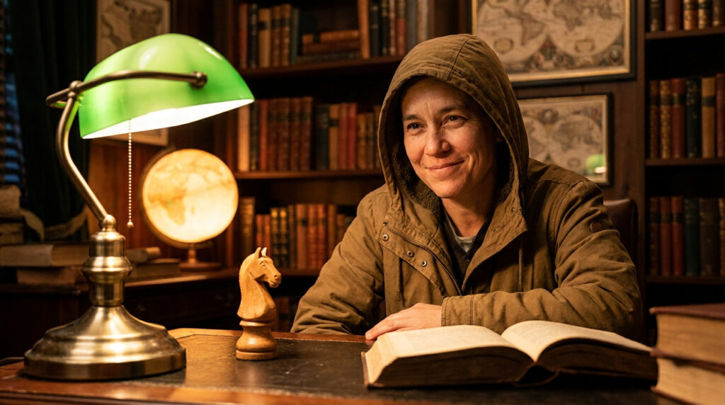 Une personne en sweat à capuche sourit devant un échiquier et un livre dans une bibliothèque au style classique.