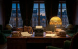 Un bureau d'écrivain classique avec machine à écrire, livres et lampe de style Tiffany, vue sur Paris au crépuscule.