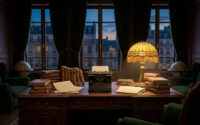 Un bureau d'écrivain classique avec machine à écrire, livres et lampe de style Tiffany, vue sur Paris au crépuscule.