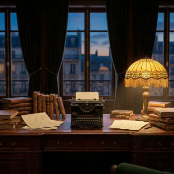 Un bureau d'écrivain classique avec machine à écrire, livres et lampe de style Tiffany, vue sur Paris au crépuscule.