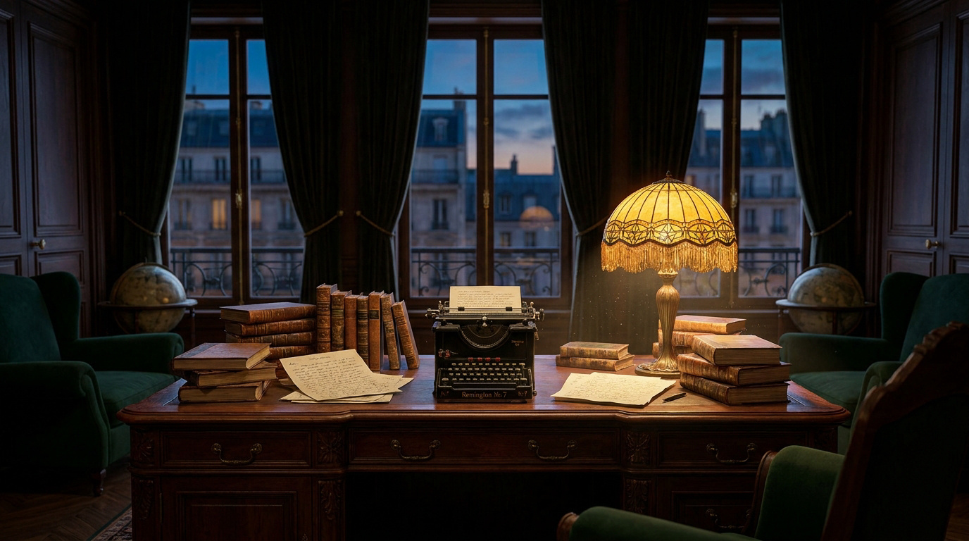 Un bureau d'écrivain classique avec machine à écrire, livres et lampe de style Tiffany, vue sur Paris au crépuscule.
