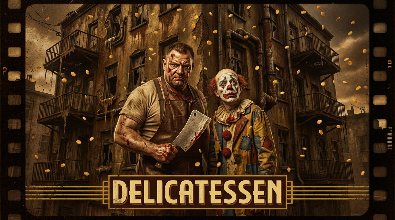 Affiche du film Delicatessen montrant le boucher menaçant et le clown Louison