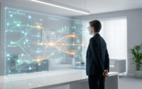 Une femme d'affaires regarde un écran holographique affichant des flux de données complexes et des cartes d'attribution.