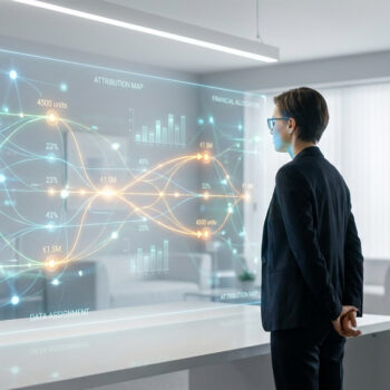 Une femme d'affaires regarde un écran holographique affichant des flux de données complexes et des cartes d'attribution.