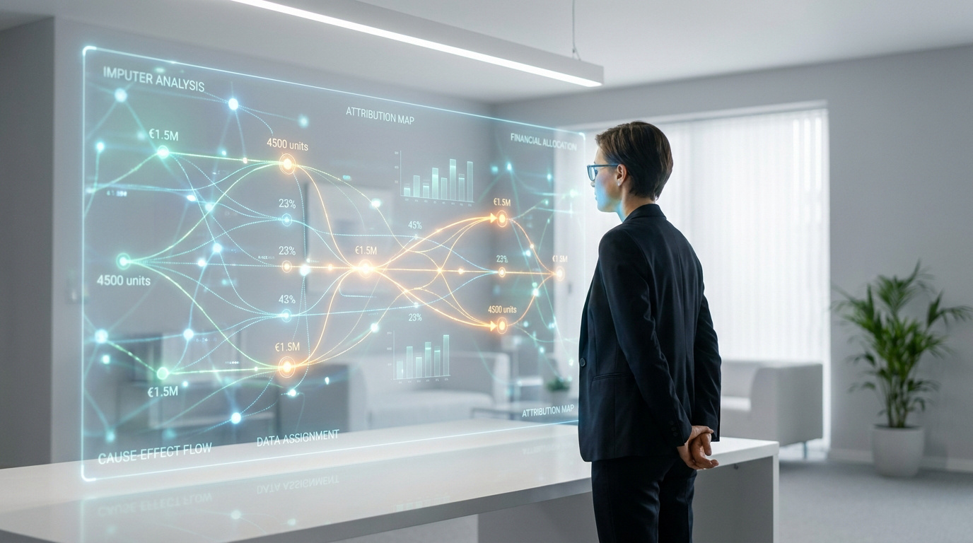 Une femme d'affaires regarde un écran holographique affichant des flux de données complexes et des cartes d'attribution.