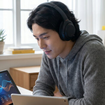 Un jeune homme portant un casque audio étudie l'anglais sur une tablette dans un intérieur lumineux.