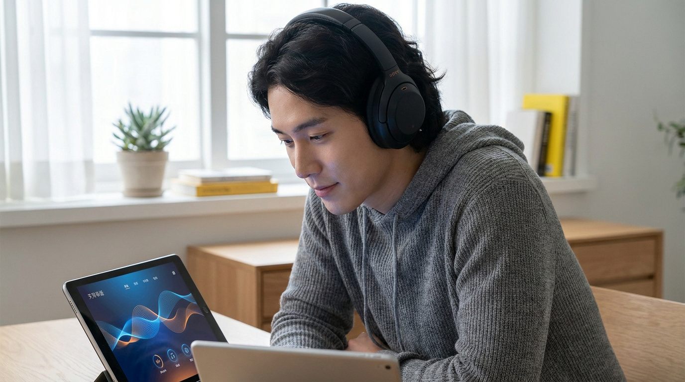 Un jeune homme portant un casque audio étudie l'anglais sur une tablette dans un intérieur lumineux.