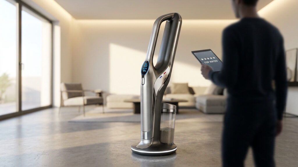 Suceuse-balai futuriste dans un salon moderne. Un homme consulte une tablette affichant 'TOP RATED' et 5 étoiles, symbolisant son succès.