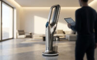 Suceuse-balai futuriste dans un salon moderne. Un homme consulte une tablette affichant 'TOP RATED' et 5 étoiles, symbolisant son succès.