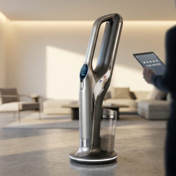 Suceuse-balai futuriste dans un salon moderne. Un homme consulte une tablette affichant 'TOP RATED' et 5 étoiles, symbolisant son succès.