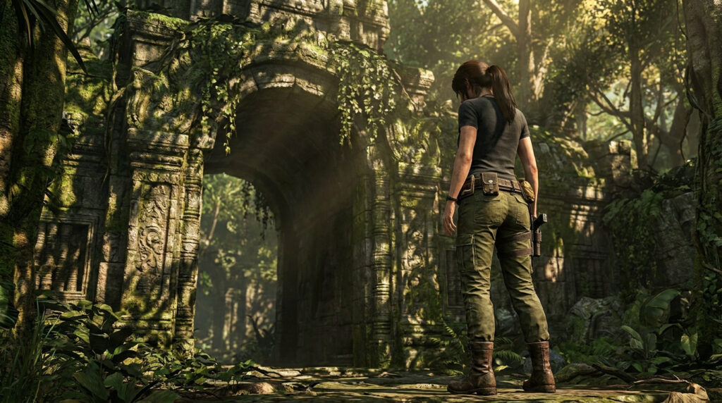 Lara Croft debout de dos devant une arche de pierre ancienne recouverte de végétation dans une jungle luxuriante.