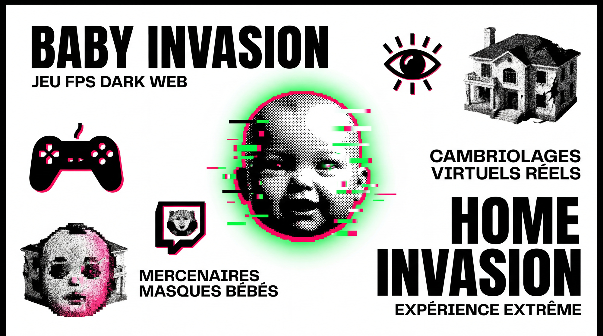 Scène du film Baby Invasion montrant une vue à la première personne avec des visages de bébés générés par IA