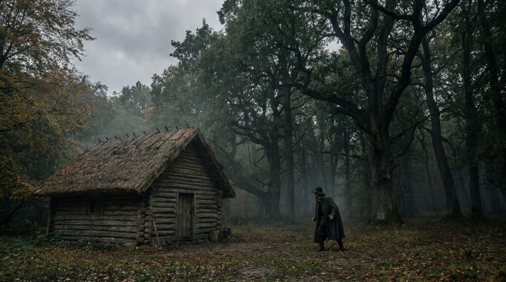 Un homme en tenue du XVIIe siècle s'approche d'une cabane en bois isolée dans une forêt sombre et brumeuse.