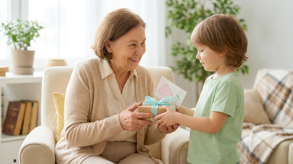 Un jeune garçon souriant offre un cadeau emballé avec une carte en forme de cœur à sa grand-mère souriante.