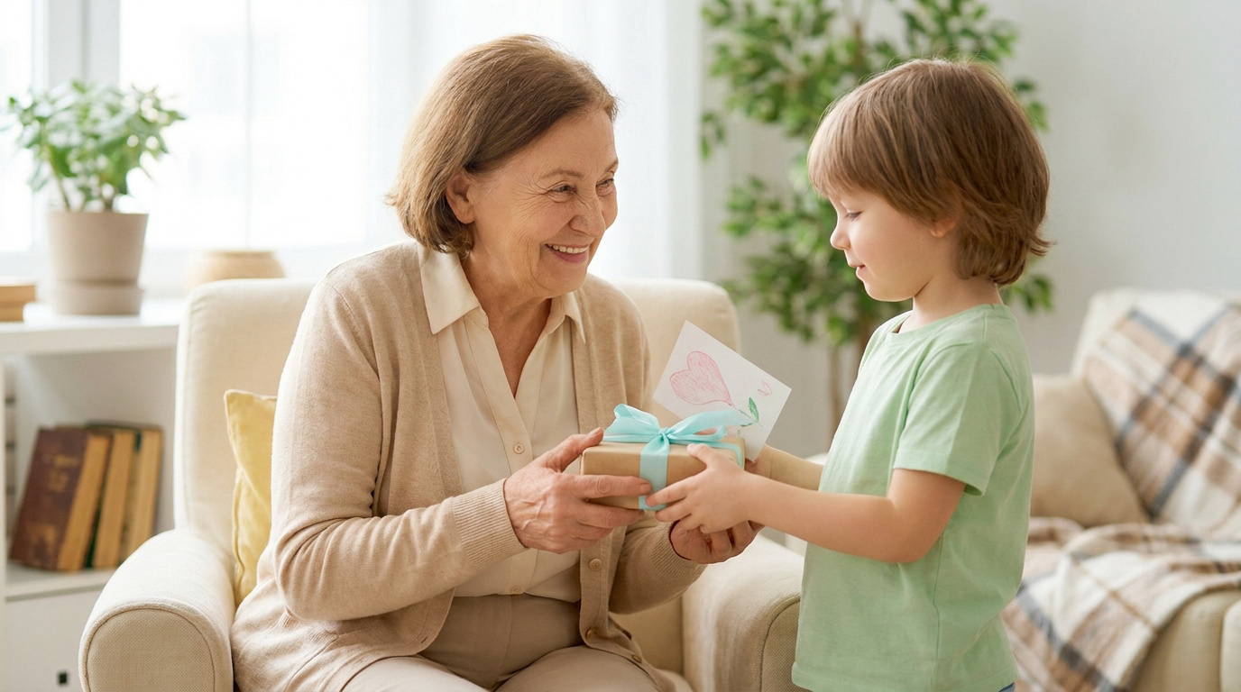 Un jeune garçon souriant offre un cadeau emballé avec une carte en forme de cœur à sa grand-mère souriante.