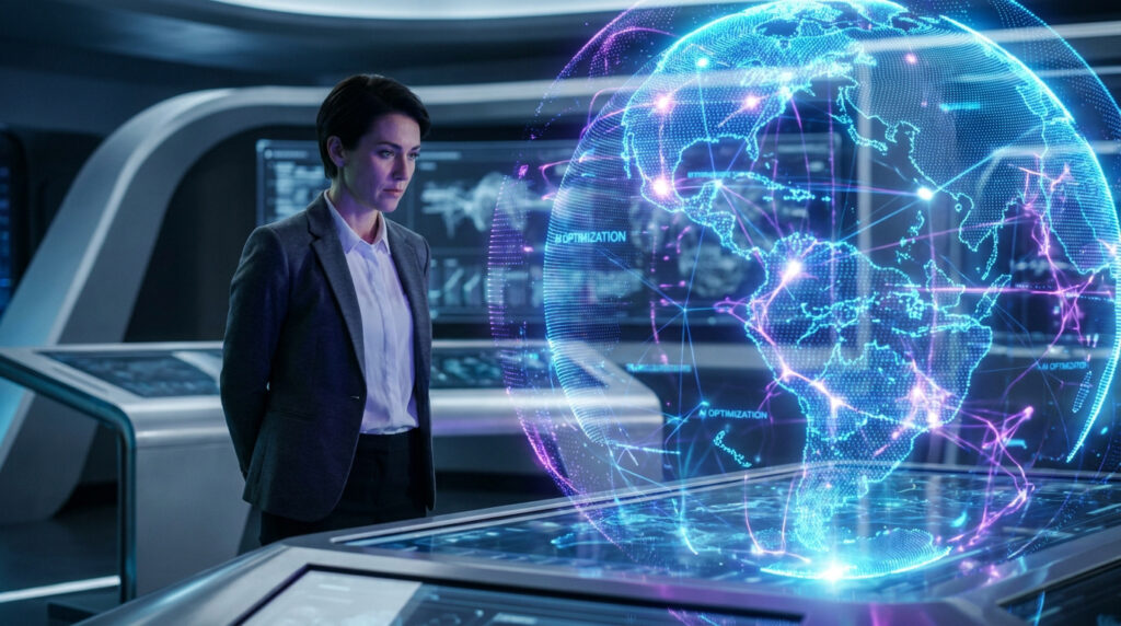 Femme d'affaires devant un globe holographique lumineux affichant un réseau mondial d'optimisation IA dans un centre technologique futuriste.