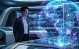 Femme d'affaires devant un globe holographique lumineux affichant un réseau mondial d'optimisation IA dans un centre technologique futuriste.
