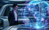 Femme d'affaires devant un globe holographique lumineux affichant un réseau mondial d'optimisation IA dans un centre technologique futuriste.