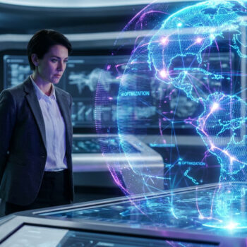 Femme d'affaires devant un globe holographique lumineux affichant un réseau mondial d'optimisation IA dans un centre technologique futuriste.