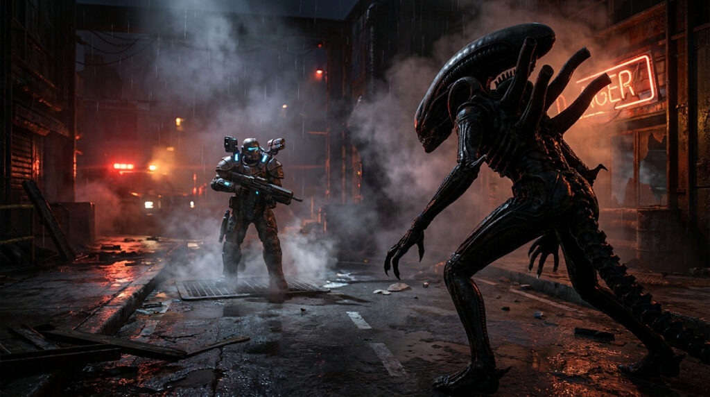 Un soldat en armure futuriste fait face à un Alien dans une rue sombre et pluvieuse sous une enseigne lumineuse.