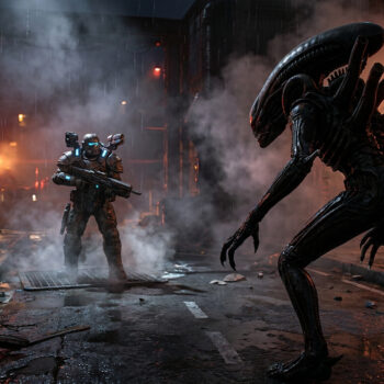 Un soldat en armure futuriste fait face à un Alien dans une rue sombre et pluvieuse sous une enseigne lumineuse.