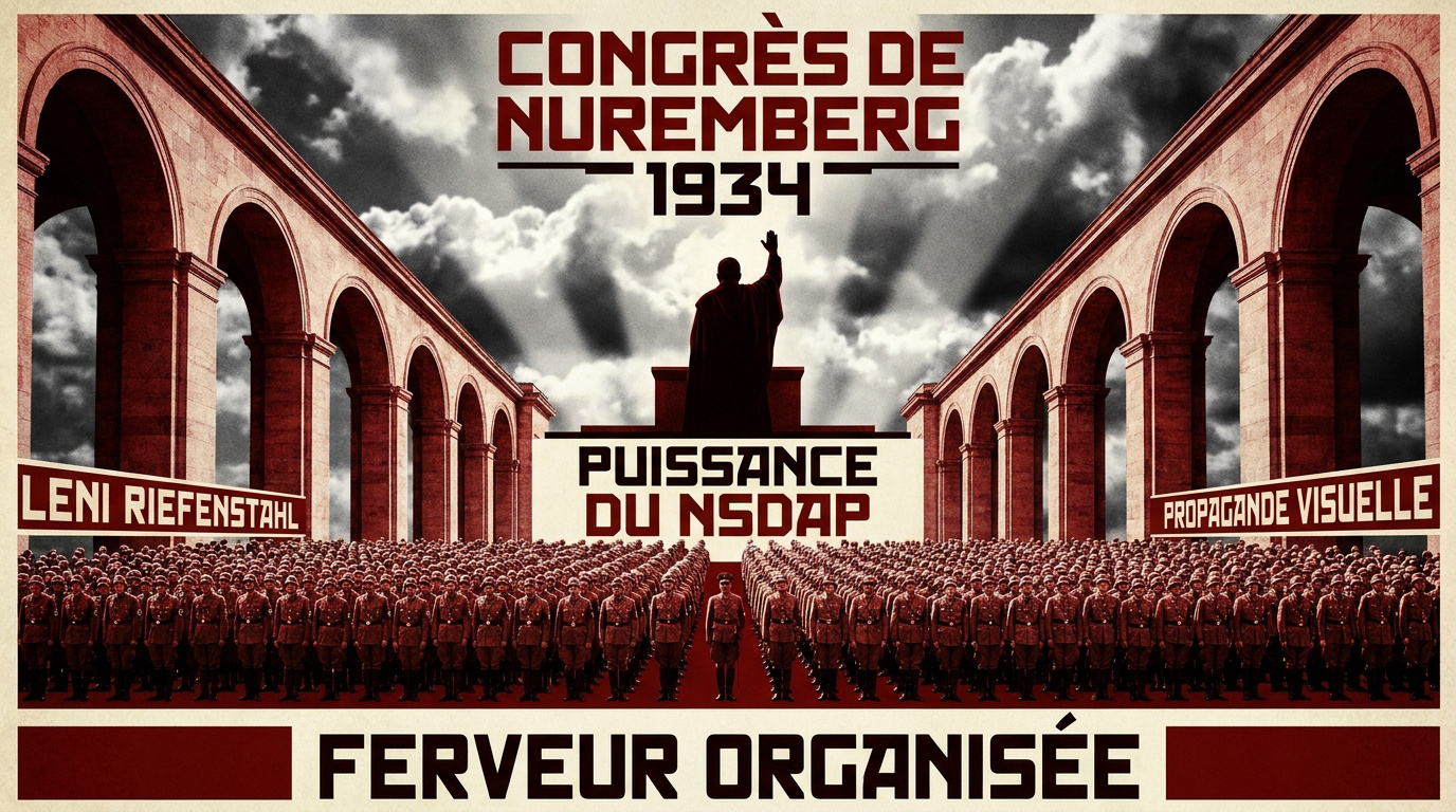 Foule immense et structures monumentales au congrès nazi de Nuremberg en 1934