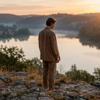 Jeune homme contemplatif face à un lac brumeux au lever du soleil, entouré de collines boisées. Scène paisible.