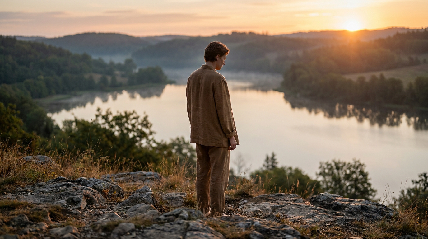 Jeune homme contemplatif face à un lac brumeux au lever du soleil, entouré de collines boisées. Scène paisible.