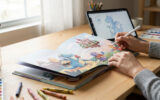 Personne dessinant sur un livre pour enfants ouvert avec un stylet, une tablette affiche un croquis numérique. Matériel artistique sur un bureau.