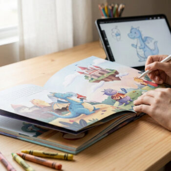 Personne dessinant sur un livre pour enfants ouvert avec un stylet, une tablette affiche un croquis numérique. Matériel artistique sur un bureau.