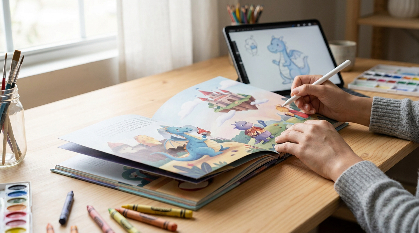 Personne dessinant sur un livre pour enfants ouvert avec un stylet, une tablette affiche un croquis numérique. Matériel artistique sur un bureau.