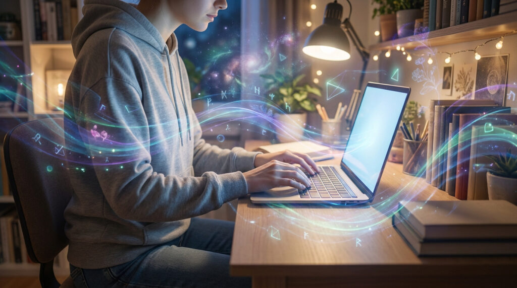 Une personne écrivant sur un ordinateur portable avec des effets de lumière magiques et des symboles flottants.