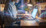 Une personne écrivant sur un ordinateur portable avec des effets de lumière magiques et des symboles flottants.