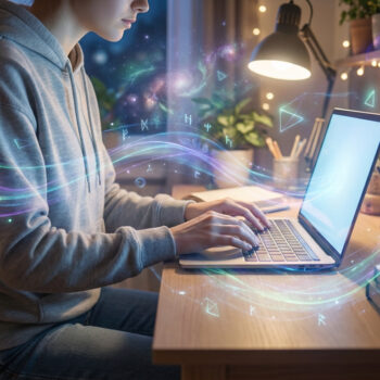 Une personne écrivant sur un ordinateur portable avec des effets de lumière magiques et des symboles flottants.