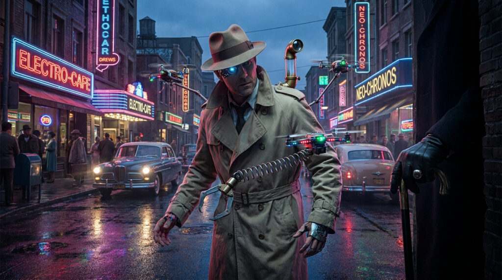 Un homme en trench-coat avec des gadgets technologiques dans une rue sombre aux enseignes néon.