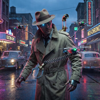 Un homme en trench-coat avec des gadgets technologiques dans une rue sombre aux enseignes néon.