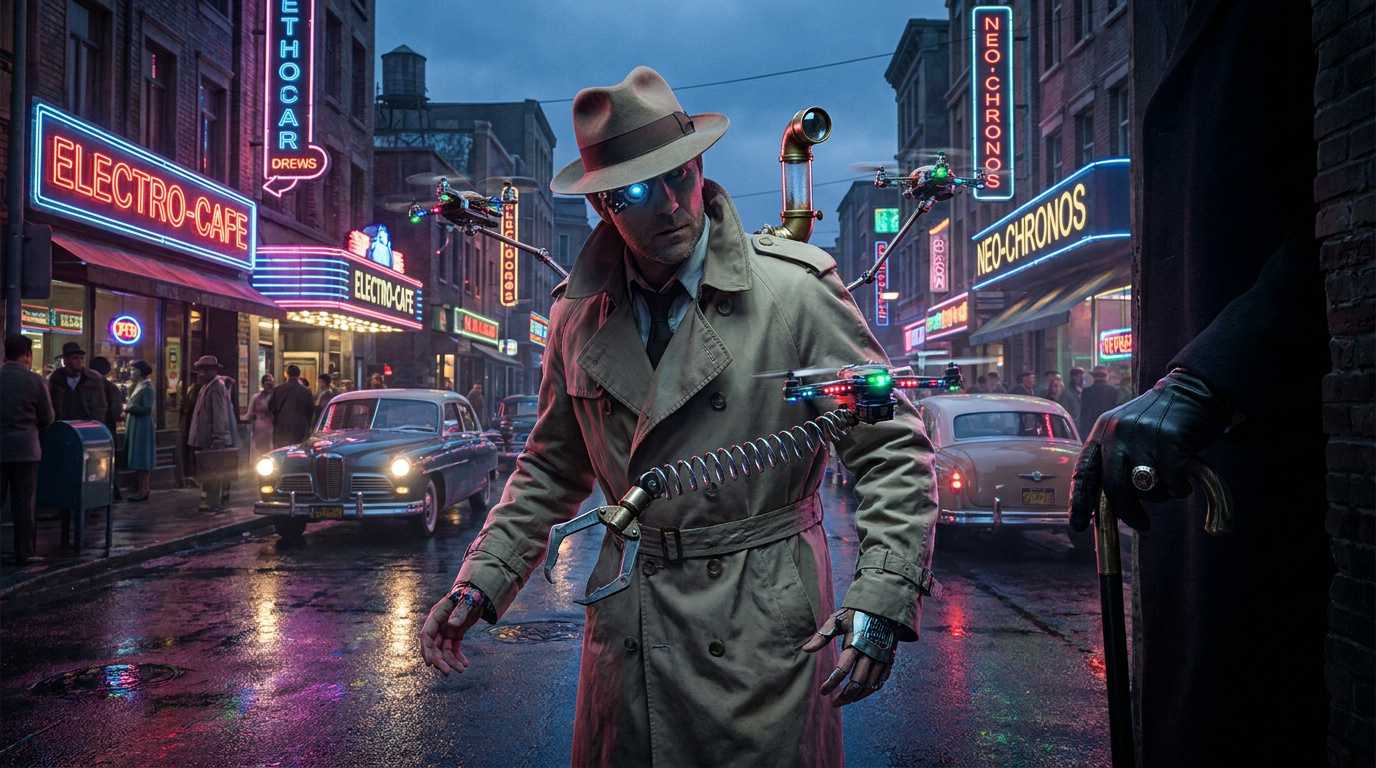 Un homme en trench-coat avec des gadgets technologiques dans une rue sombre aux enseignes néon.
