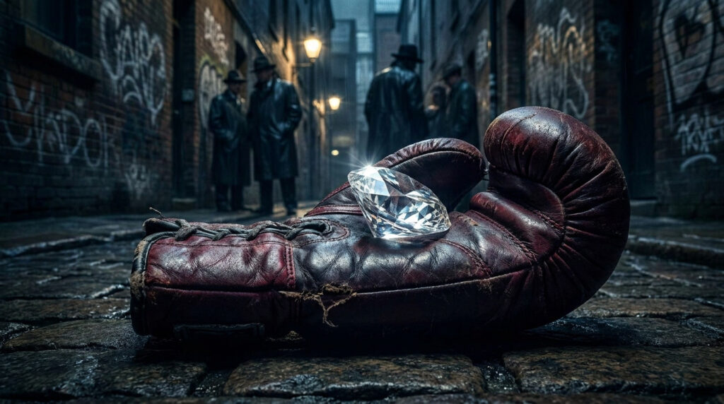 Un gros plan sur un gant de boxe usé posé au sol dans une ruelle sombre, portant un diamant brillant au-dessus.