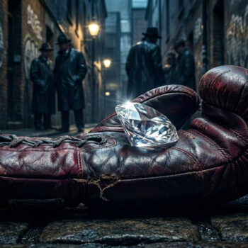 Un gros plan sur un gant de boxe usé posé au sol dans une ruelle sombre, portant un diamant brillant au-dessus.