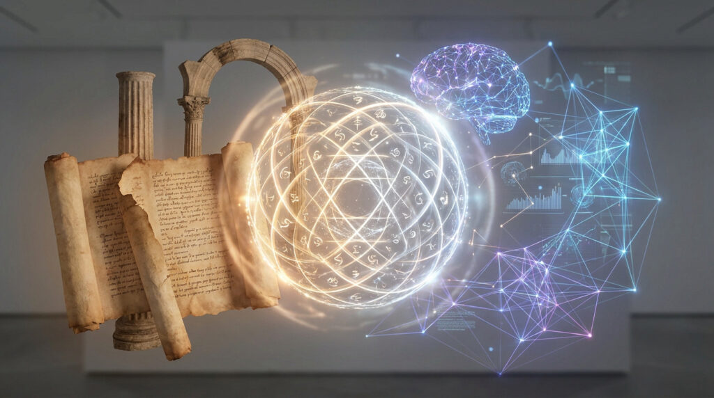 Représentation conceptuelle mêlant un parchemin antique, une sphère géométrique mystique et un cerveau numérique en 3D.
