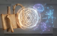 Représentation conceptuelle mêlant un parchemin antique, une sphère géométrique mystique et un cerveau numérique en 3D.