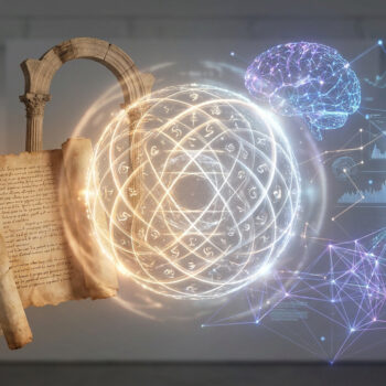 Représentation conceptuelle mêlant un parchemin antique, une sphère géométrique mystique et un cerveau numérique en 3D.