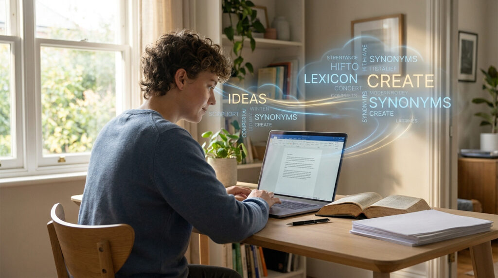 Une personne travaillant sur un ordinateur portable entourée de mots flottants comme "synonyms", "lexicon" et "create".