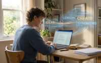 Une personne travaillant sur un ordinateur portable entourée de mots flottants comme "synonyms", "lexicon" et "create".