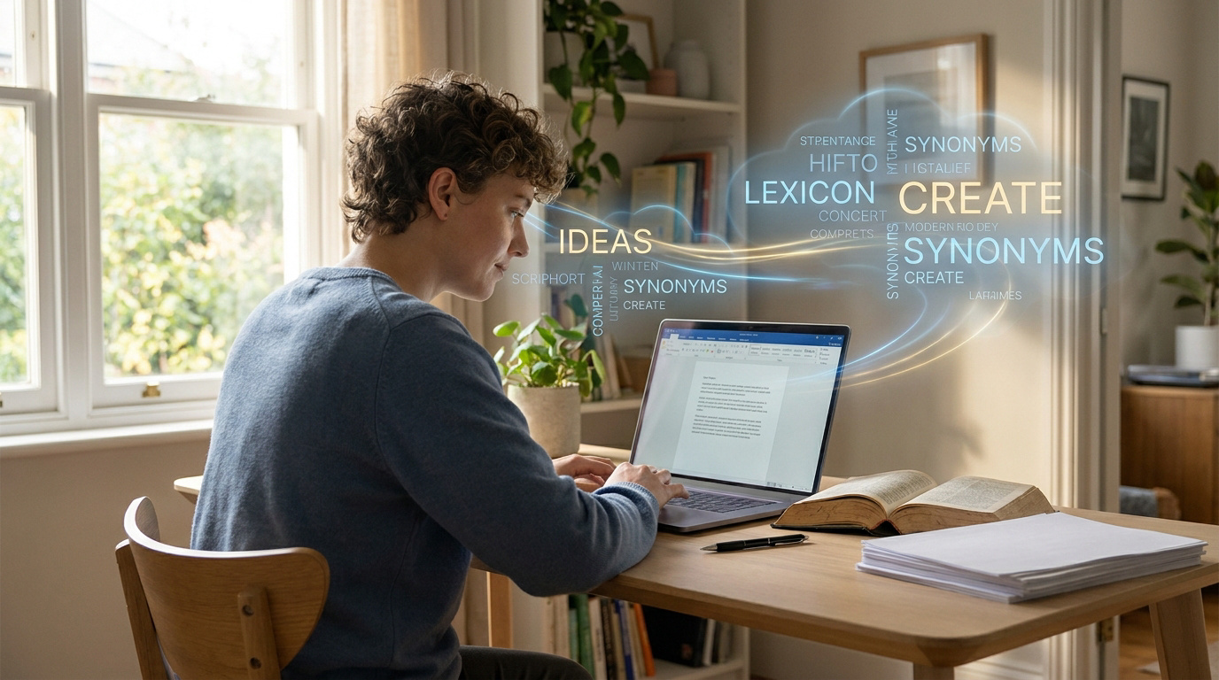 Une personne travaillant sur un ordinateur portable entourée de mots flottants comme "synonyms", "lexicon" et "create".
