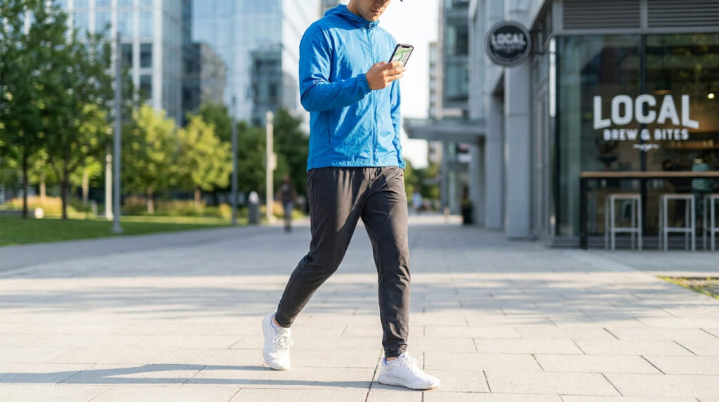 Un homme en veste bleue marche en ville en consultant son itinéraire sur son smartphone.