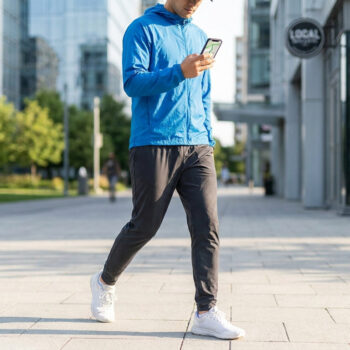 Un homme en veste bleue marche en ville en consultant son itinéraire sur son smartphone.