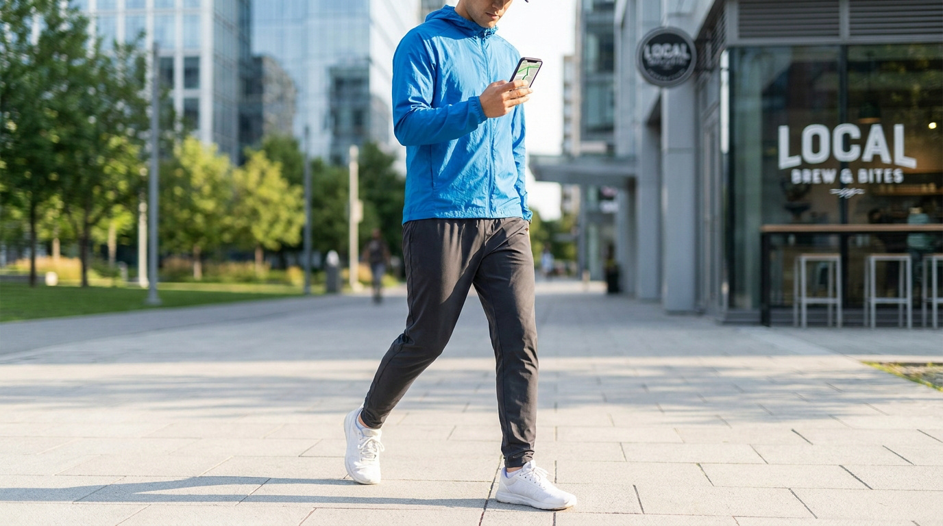 Un homme en veste bleue marche en ville en consultant son itinéraire sur son smartphone.