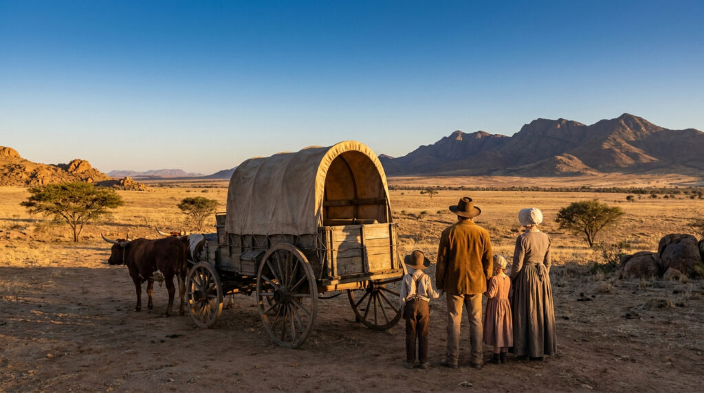 Une famille boer avec un chariot bâché traditionnel face aux vastes plaines d'Afrique du Sud.