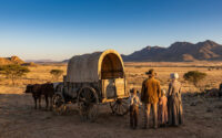 Une famille boer avec un chariot bâché traditionnel face aux vastes plaines d'Afrique du Sud.